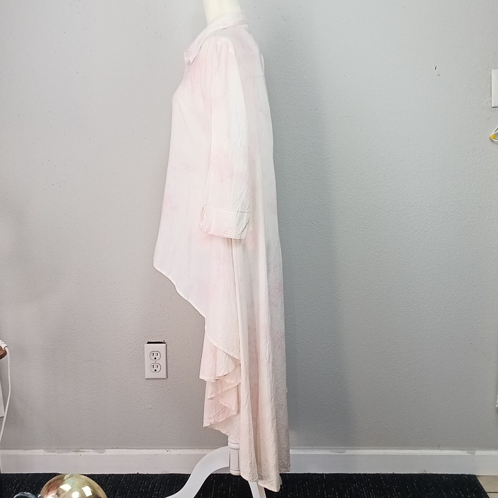 Women's Pink / White High Low Button Down Long Sleeve Flowy Top Sz L Coquette - Picture 9 of 14